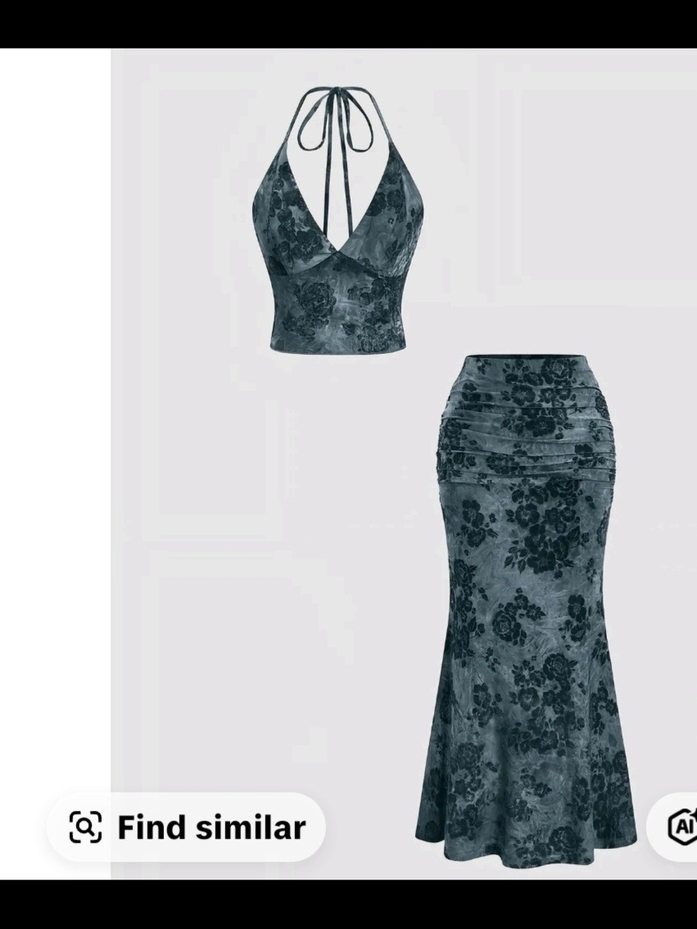 Two-Piece Floral Velvet Halter Top and Mermaid Skirt Set - Slate Teal